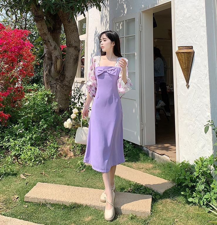 大きいサイズ レディース ワンピース パープル 花柄 春夏 秋 新品 長袖