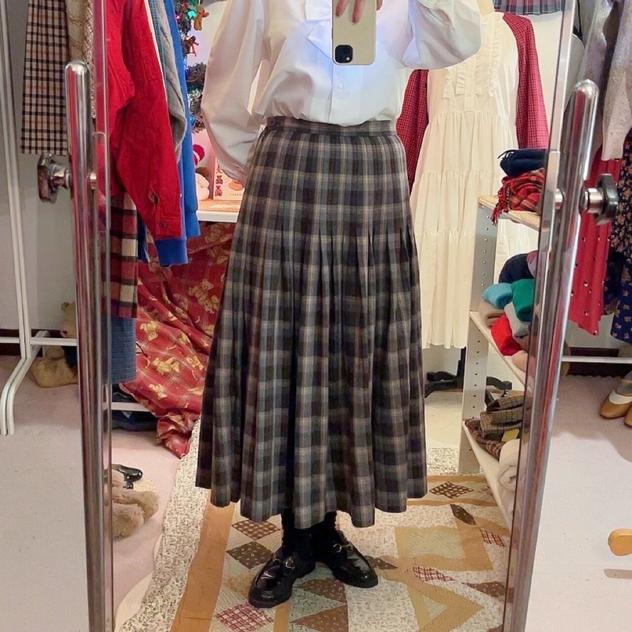 brown check tuck wool skirt
