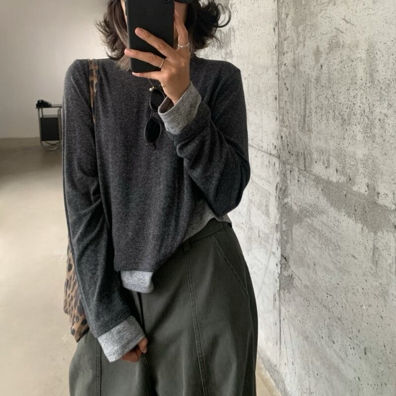 Color Block Long Sleeve Fake Two Piece T-Shirt 204743