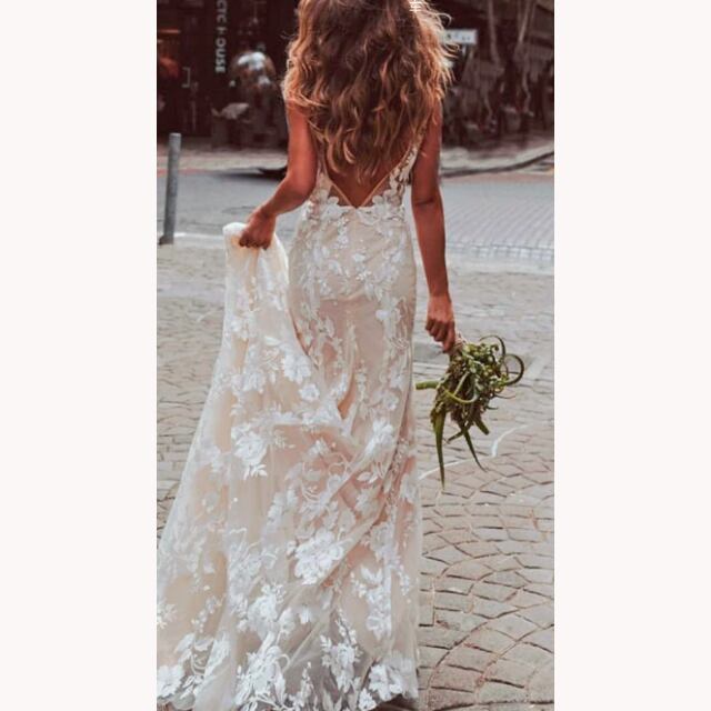 オリジナル Vネックドレス ウエディングドレス シャンパン色 総レース  