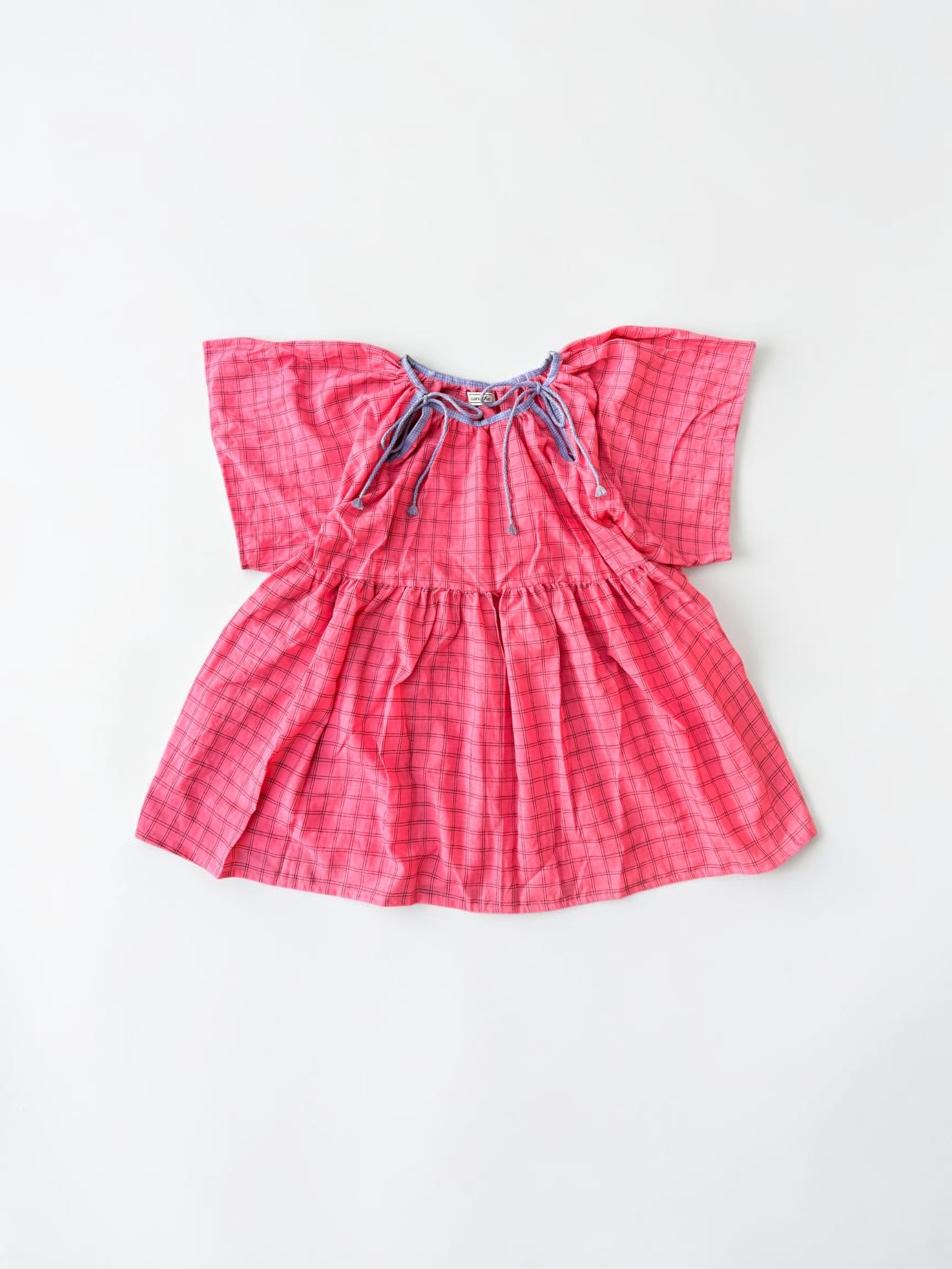 saruche 手織り綿 カディチェック Neck Tie チュニック Pink