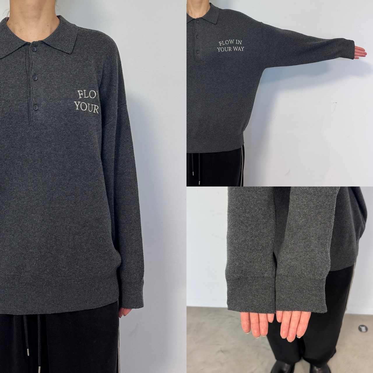 ロゴ刺繍ルーズシルエットポロknit/チャコール