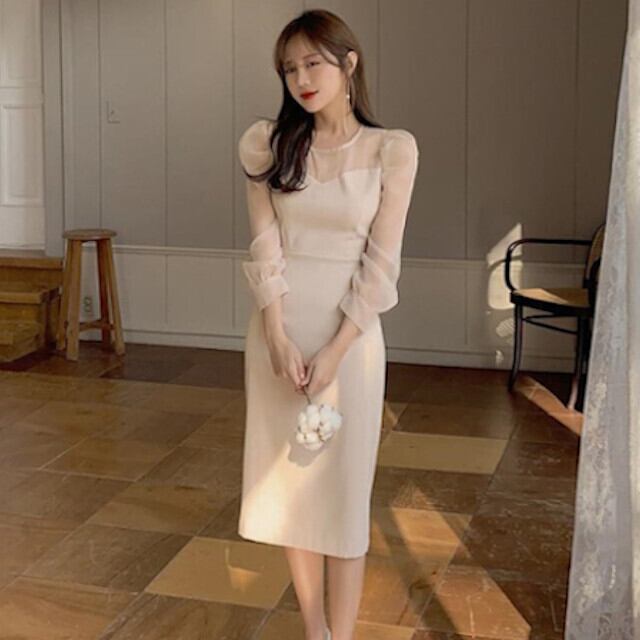 ワンピース レディース ひざ下丈 オケージョンワンピ スリム お呼ばれ パーティ シースルー 結婚式 アプリコット S/M/L/XL