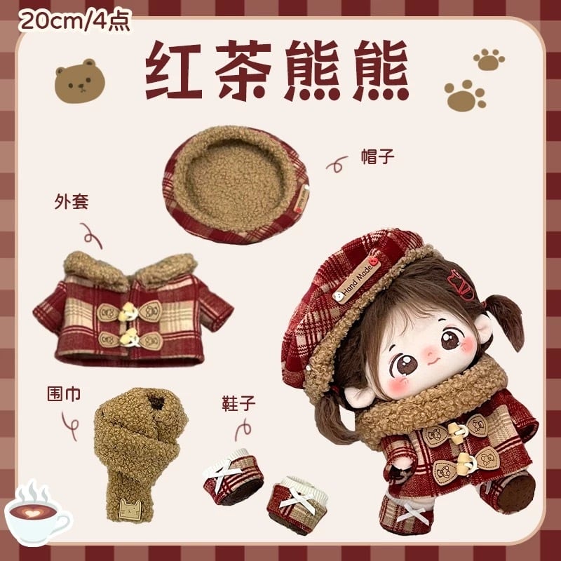 20cmぬい服】冬のふわふわ赤チェックコーデ 着せ替えぬいぐるみ 棉花