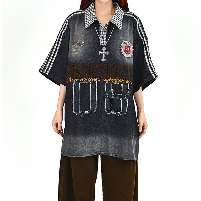 チェックカラーナンバリングビッグトップス 2col   R01697