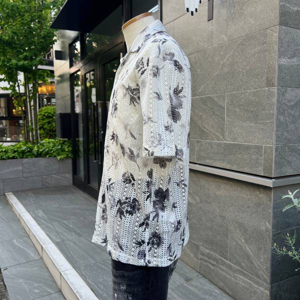 メッシュ半袖シャツ アイボリー×ホワイト フラワー×むら染め 開襟