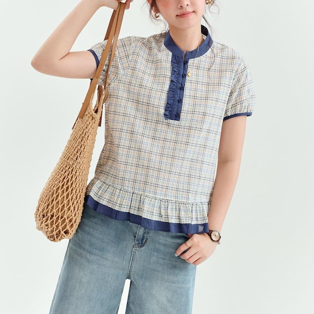 contrast trim check peplum blouse