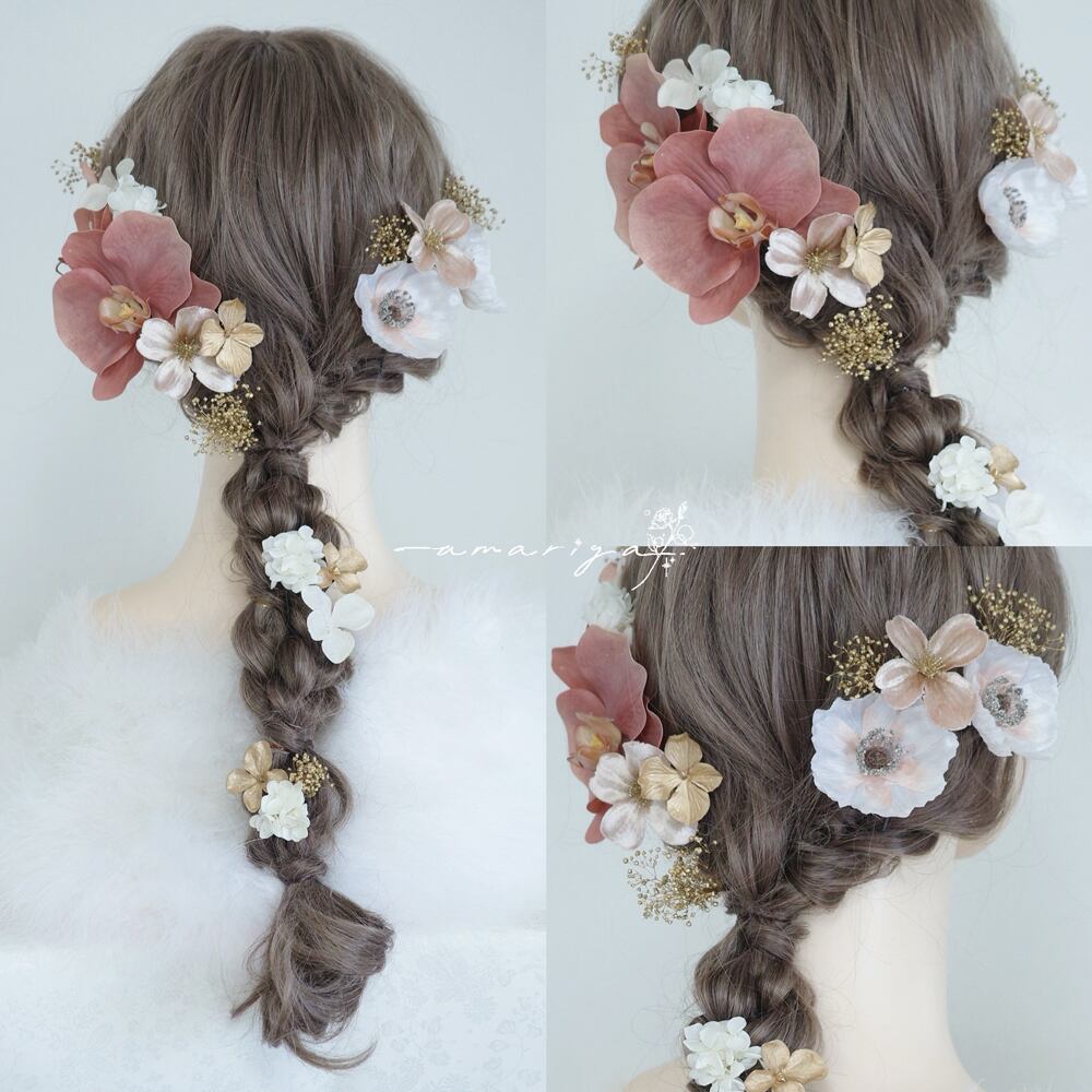 髪飾り 胡蝶蘭とポピーと桜