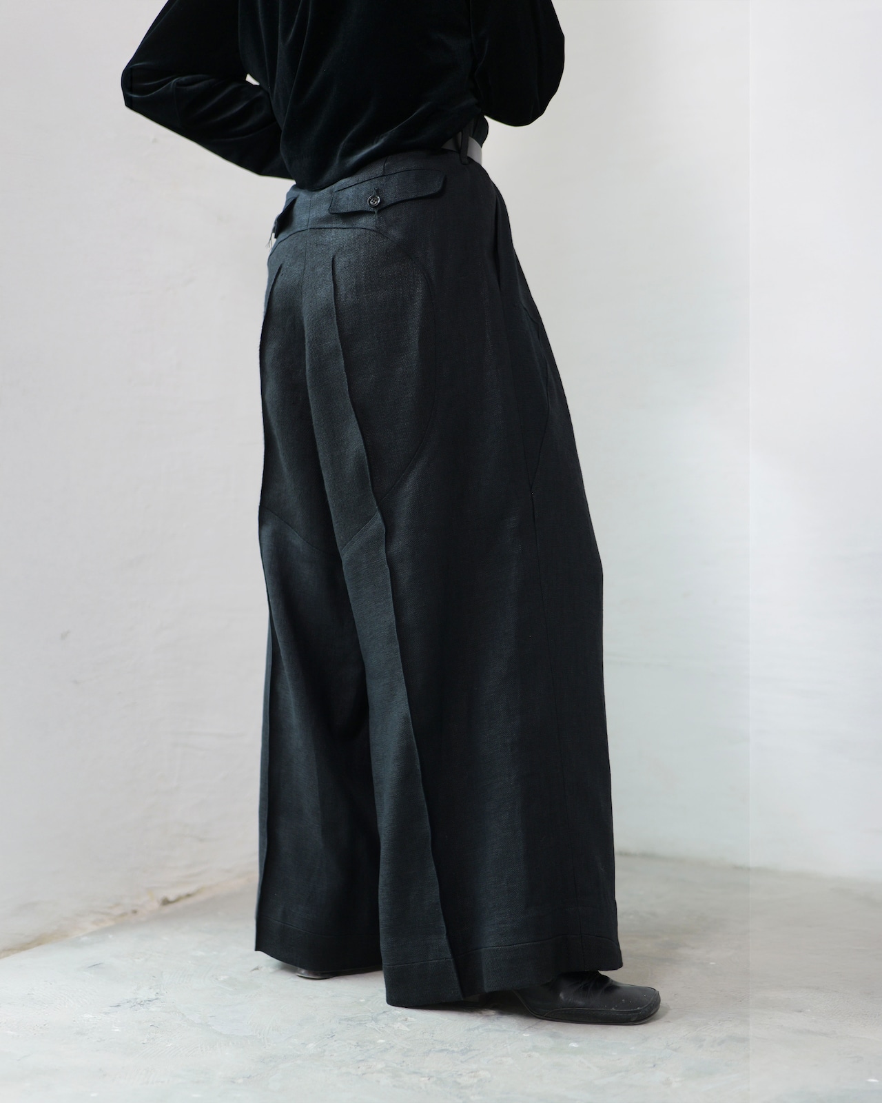 i’m here - Linen Wide Pants :Black|3種リネン切替/ワイド/“だまし絵”前立て