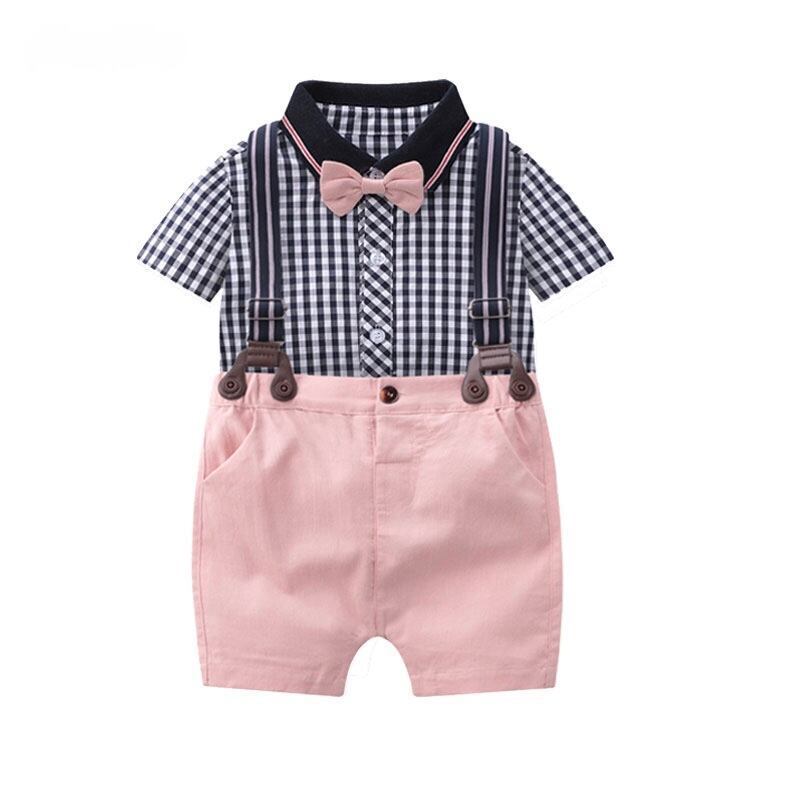 Gingham check rompers & suspender pink pants