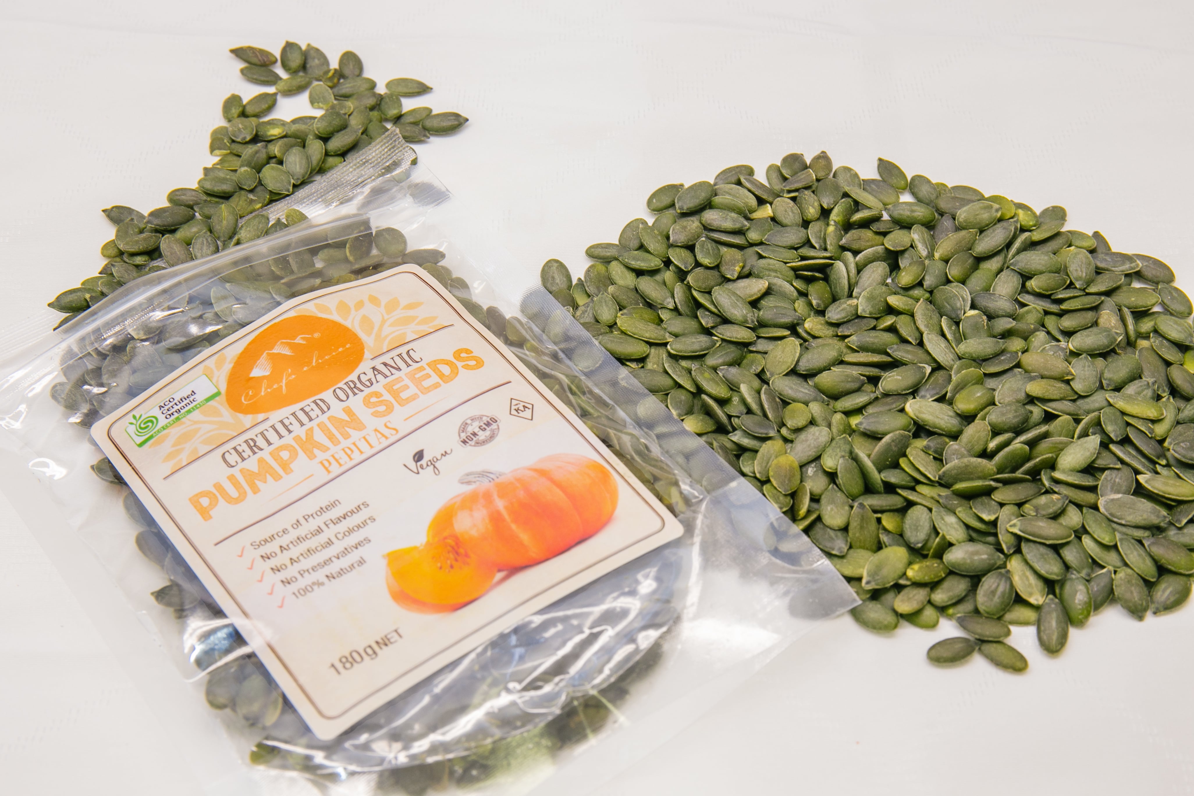シェフズチョイス オーガニック パンプキンシード 180g Certified Organic Pumpkin Seed Pepitas  有機かぼちゃの種 | Chef's Choice Japan ｜シェフズチョイスジャパン