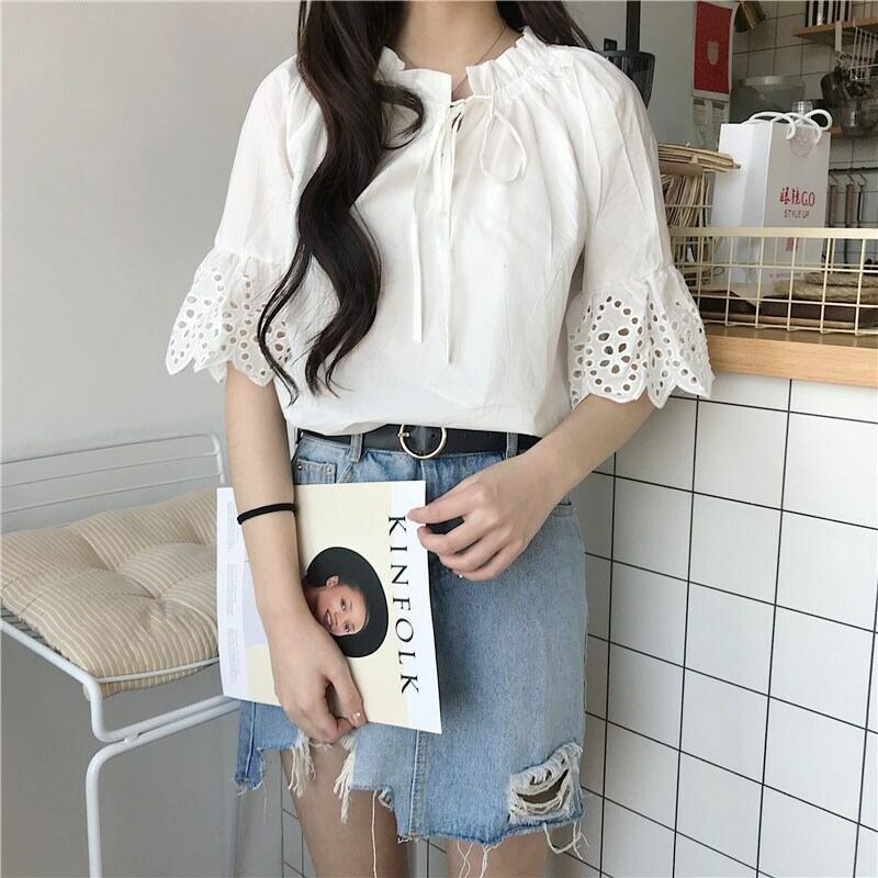 夏セール レース白トップスチュニック コットン風 トップス 袖花柄 シャツ フレアトップス レース レーストップス 五分丈 半袖 花柄 ブラウス Tシャツ インポート 韓国 韓国ファッション 夏服 リゾート レディースファッション 送料無料 韓国レディース キッズ