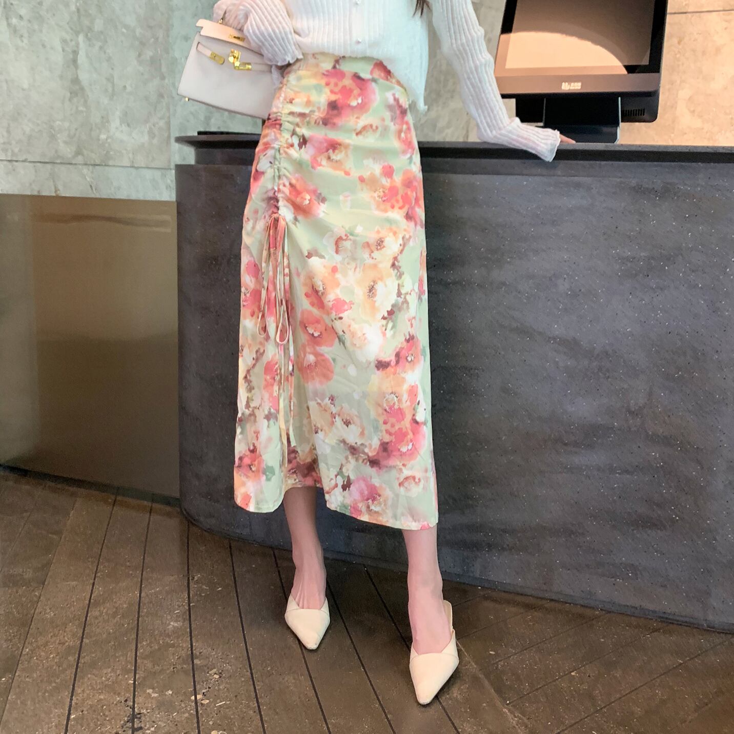 ハイウェストウェストフローラルスカート サマースタイルAラインロング 大人ガーリー スウィート キュート カジュアル 夏物 花柄 6Du_Shop_Women36854597503