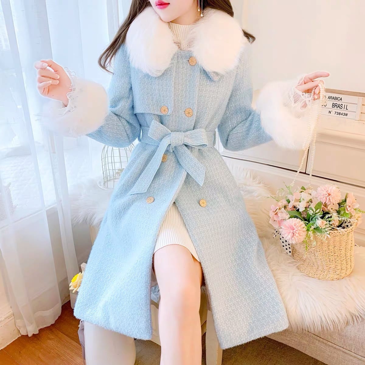 2カラー 】チェック 水色 コート アウター 【3カラー】白 ピンク 赤