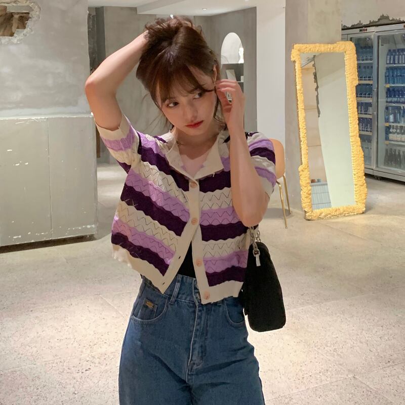 スタイルストライプニットカーディガンサマースリムトップス 大人ガーリー スウィート キュート カジュアル 夏物 モンロー43808245294