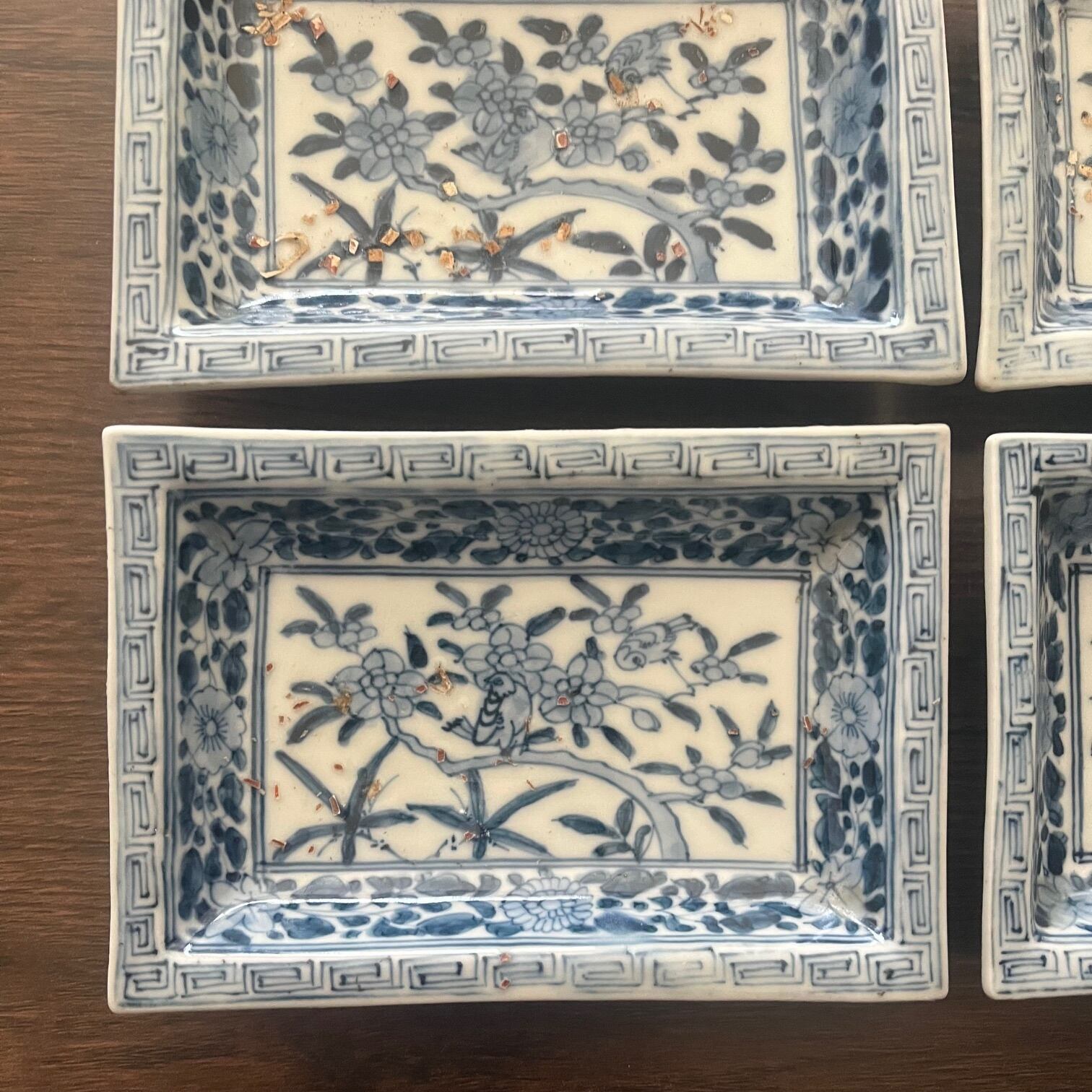 江戸時代古伊万里染付花鳥図2客1客金継ぎあり