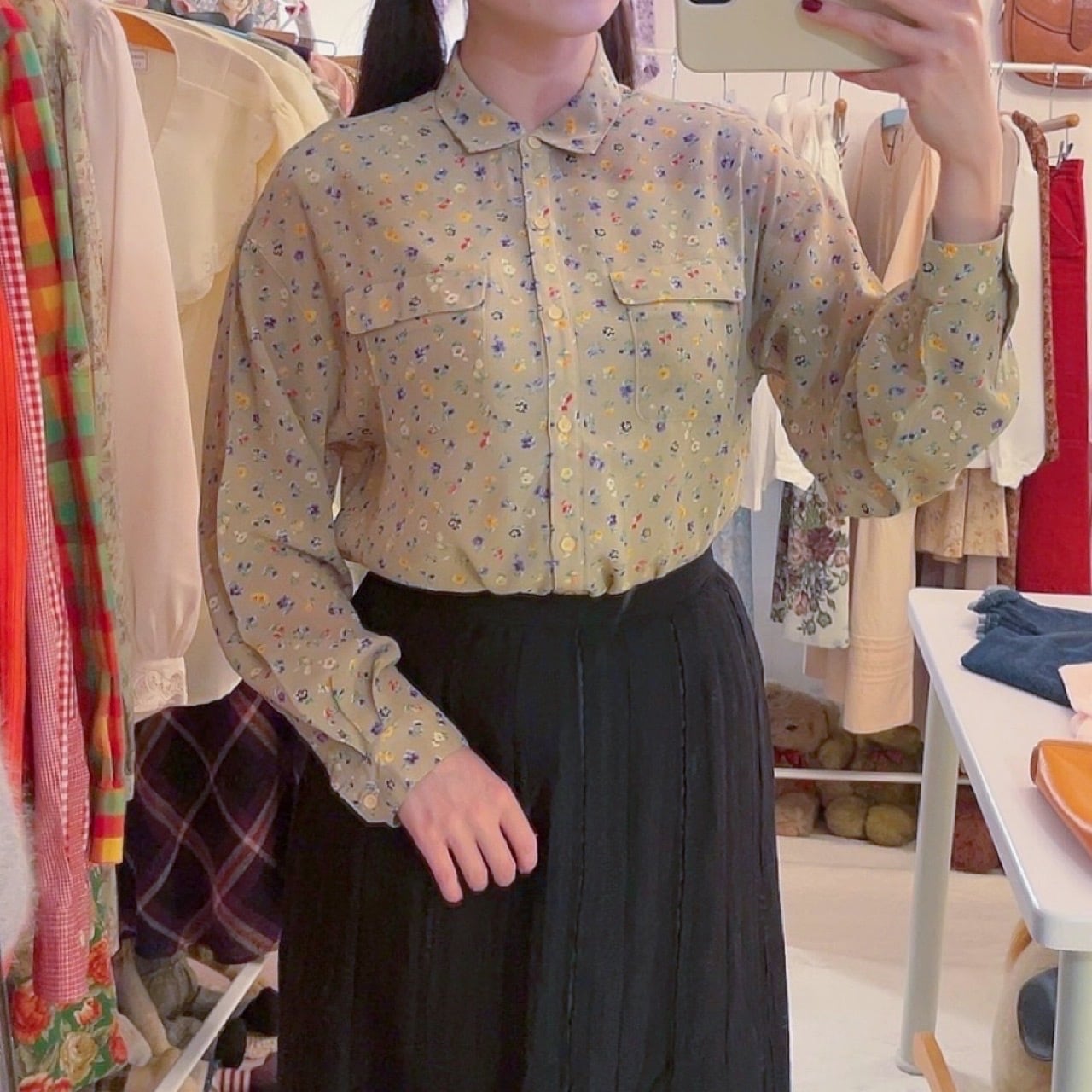 yellow purple mini flower sheer blouse