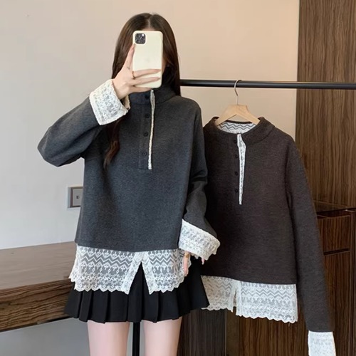 2色／レースヘムハーフボタンニットトップス ・74043