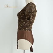 社交ダンス 衣装 レオタード ブラウン系 チャコット Chacott 花柄 レース レッスン 練習 茶 金 半袖 ストレッチ トップス 伸縮 上品 かわいい 日本製 ダンス衣装 華やか 透け感 ゴールド系