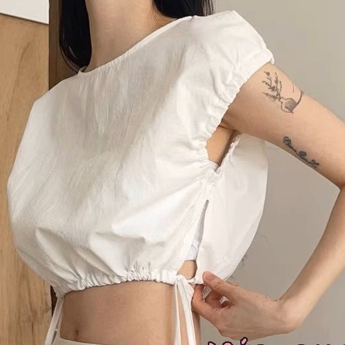 クロップドシャツ レディース ドローストリング ノースリーブ フレンチスリーブ ラウンドネック ショート丈 ベスト ブラウス プルオーバー 無地 個性的 カジュアル モード ストリート おしゃれ