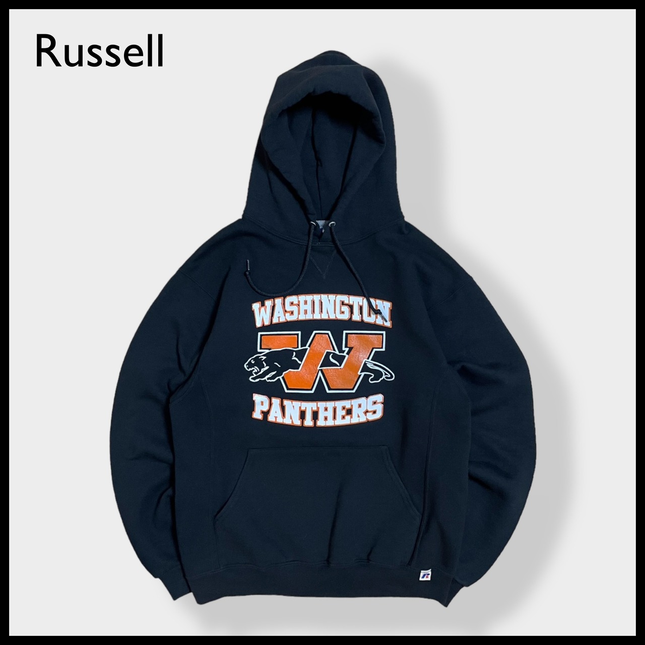 【Russell】ワシントンコミュニティ高校 パンサーズ WASHINGTON PANTHERS ロゴ プリント パーカー スウェット フーディー hoodie M ブラック us古着