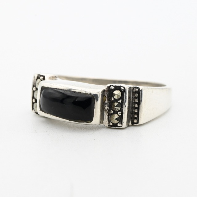 Black Onyx / Marcasite Accent Rectangle Top Ring #15.5 / Denmark