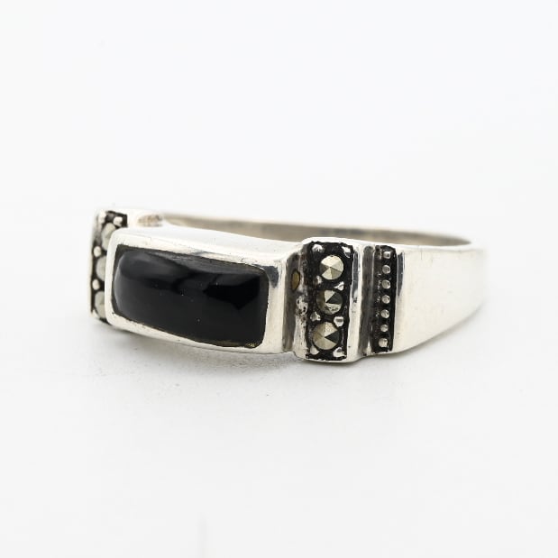 Black Onyx / Marcasite Accent Rectangle Top Ring #15.5 / Denmark