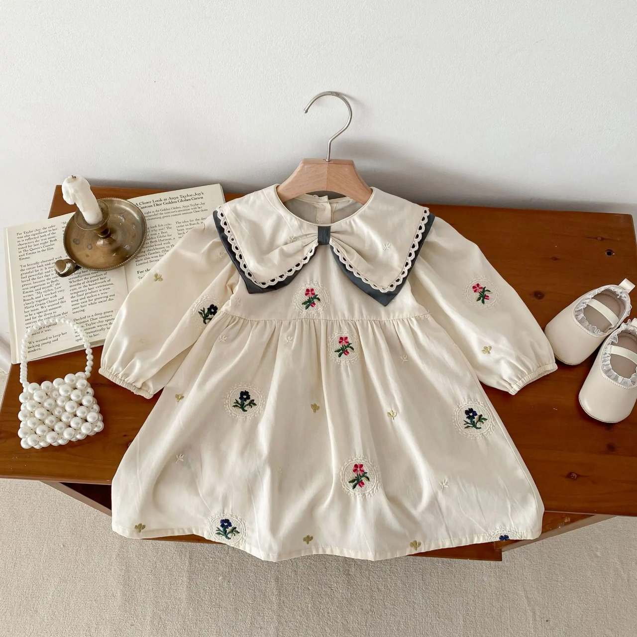 レリアン ワンピース ウエストリボン ヘリンボーン レース刺繍 超美品