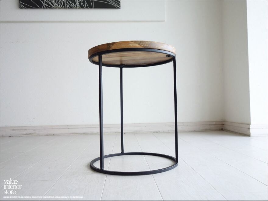 「 イシヅカ様 ご予約サイドテーブル 」チーク材 サイドテーブル丸NS ナイトテーブル 飾り台 花台 手作り シンプル 総無垢 ナチュラル 鉄脚 銘木家具 W35xH44cm 送料無料