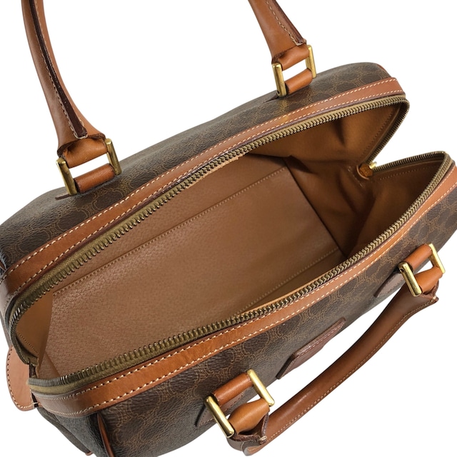 CELINE セリーヌ マカダム ショルダーバッグ ブラウン ブラゾン型押し PVCレザー ミニボストン vintage ヴィンテージ オールド b7bj7n