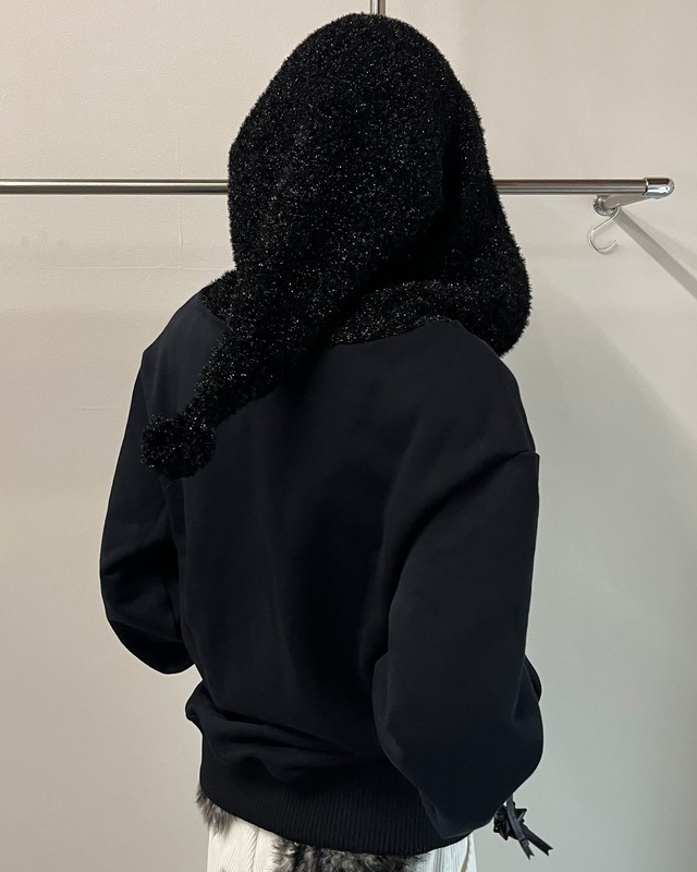【26/AW Oscar Ouyang】Black/Black knit sparkly sleeping hat hoodie