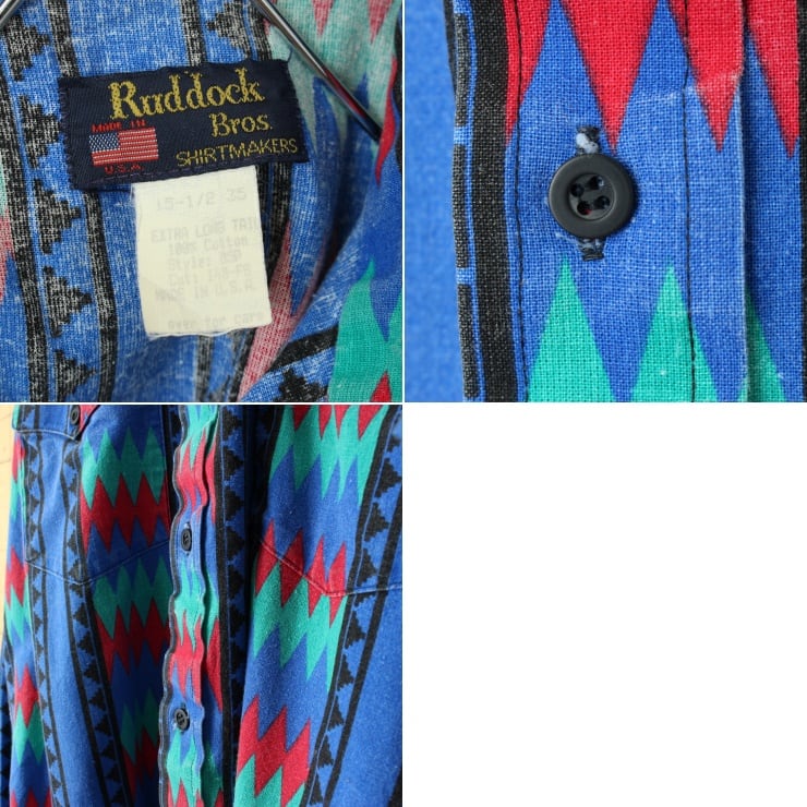 80s 90s USA製 Ruddock Bros ネイティブ柄 シャツ ブルー レッド 