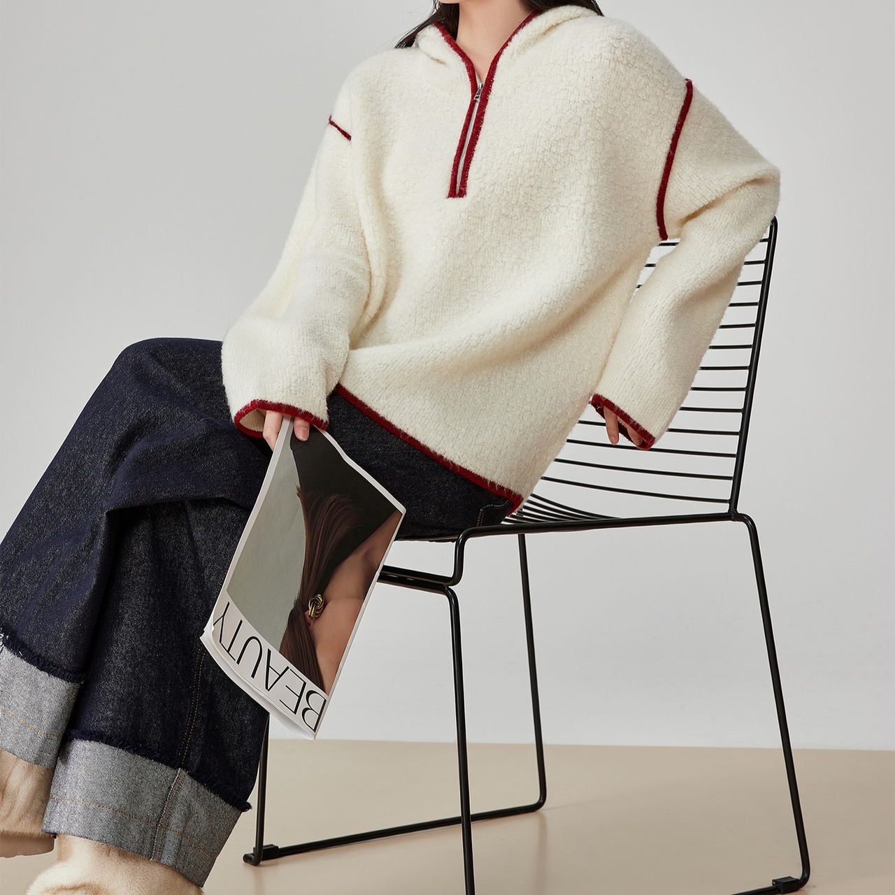 フード付きブークレニットプルオーバー H0047