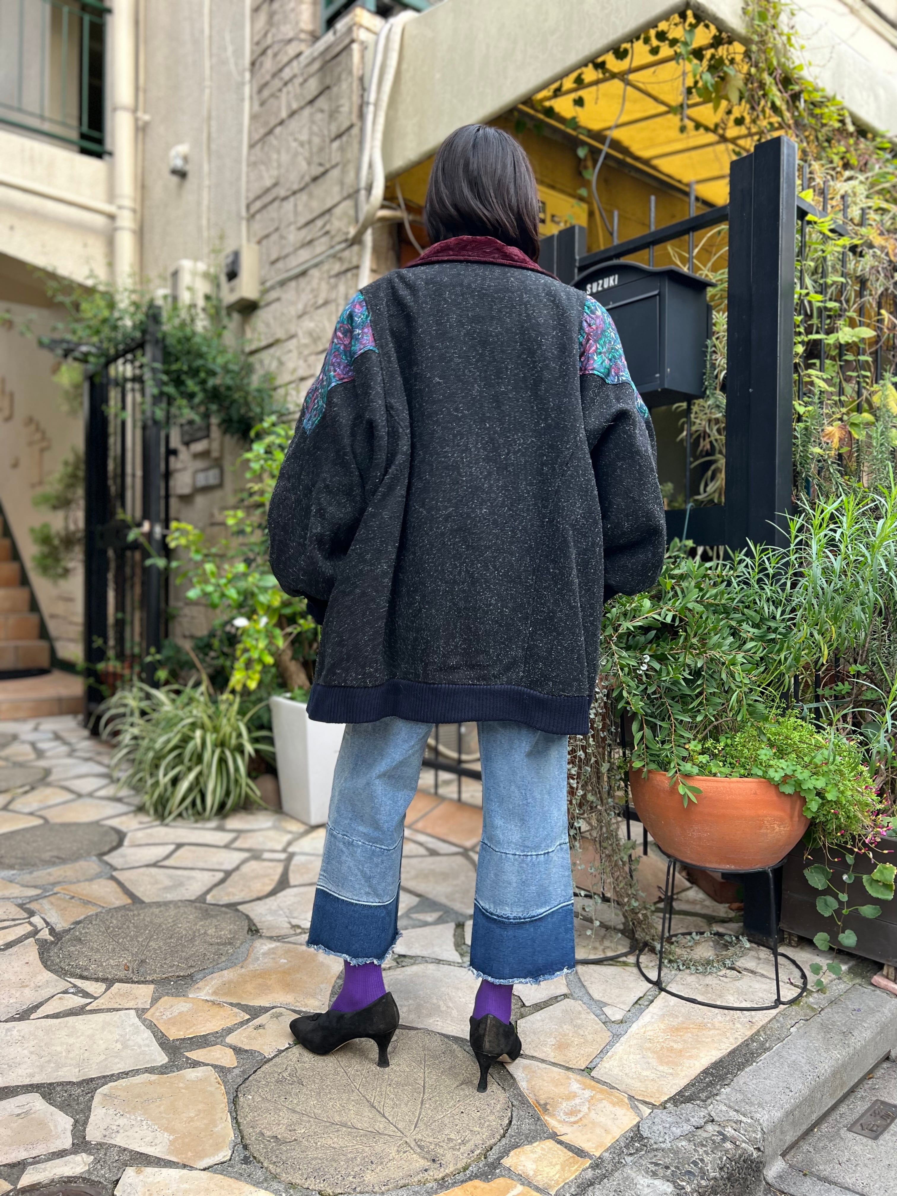 80s dolman sleeve black wool × floral switching Coat ...