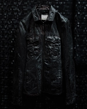 【ÆIEM】“渇”“脈” black coating multi pocket leather zip jacket