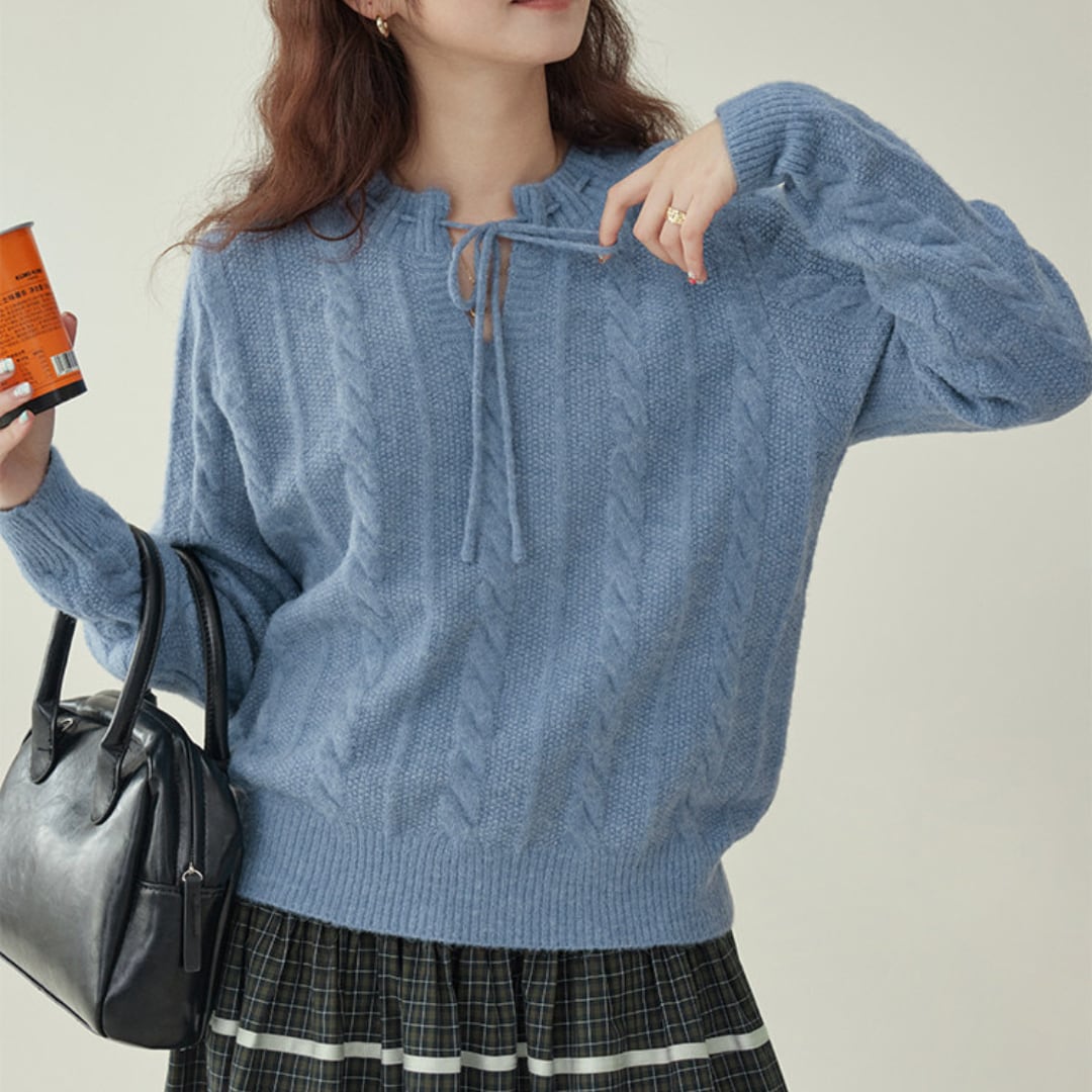 cable knit pullover with front tie