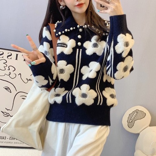 ニットセーター レディース 花柄 長袖 襟付き ポロ襟 パール フラワーモチーフ 立体的 プルオーバー レトロ かわいい ガーリー エレガント ニット 2color おでかけ デート おしゃれ