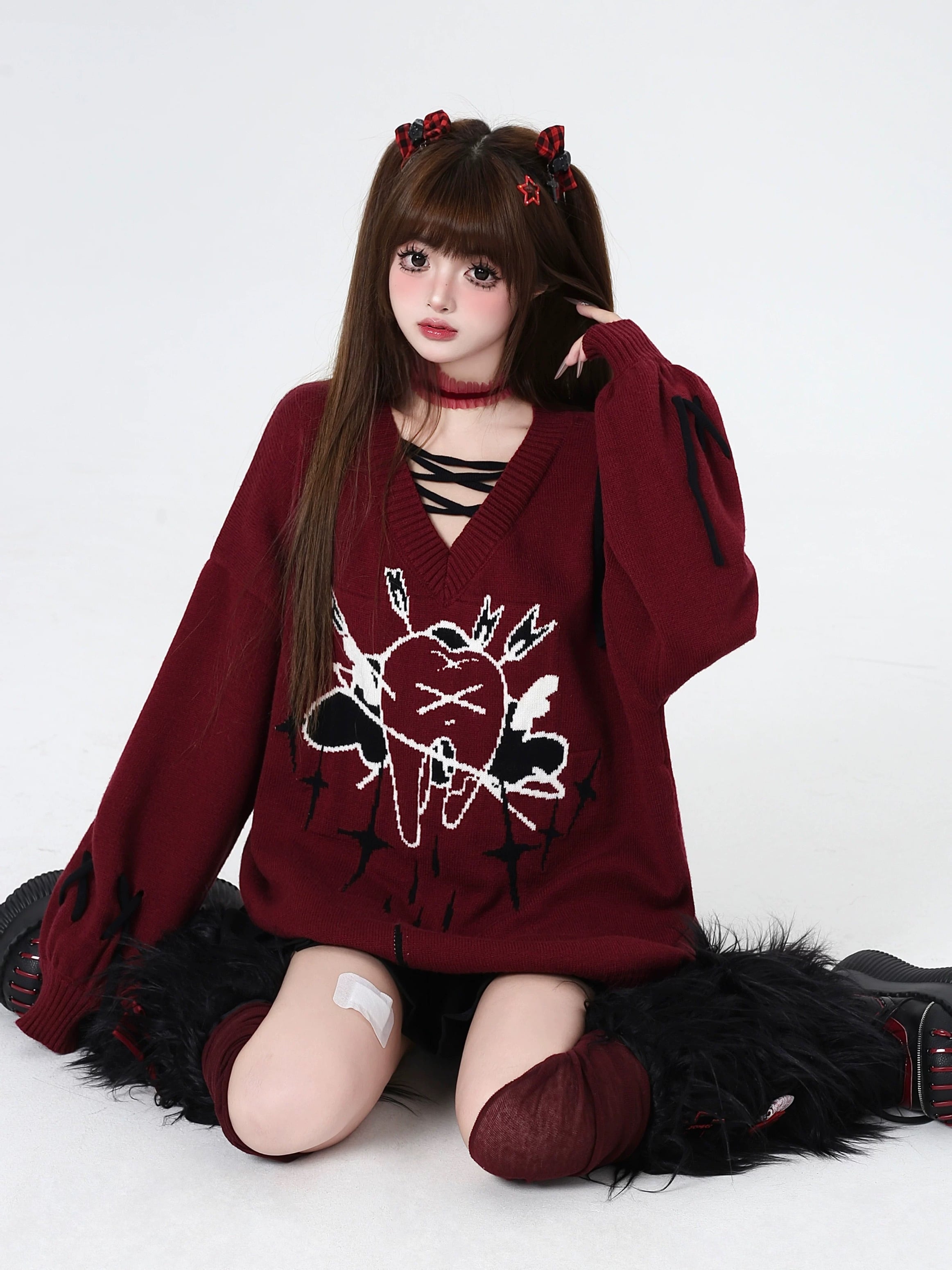 病みかわいい ハートブレイク編み上げニット トップス 秋服 冬服 ユニ