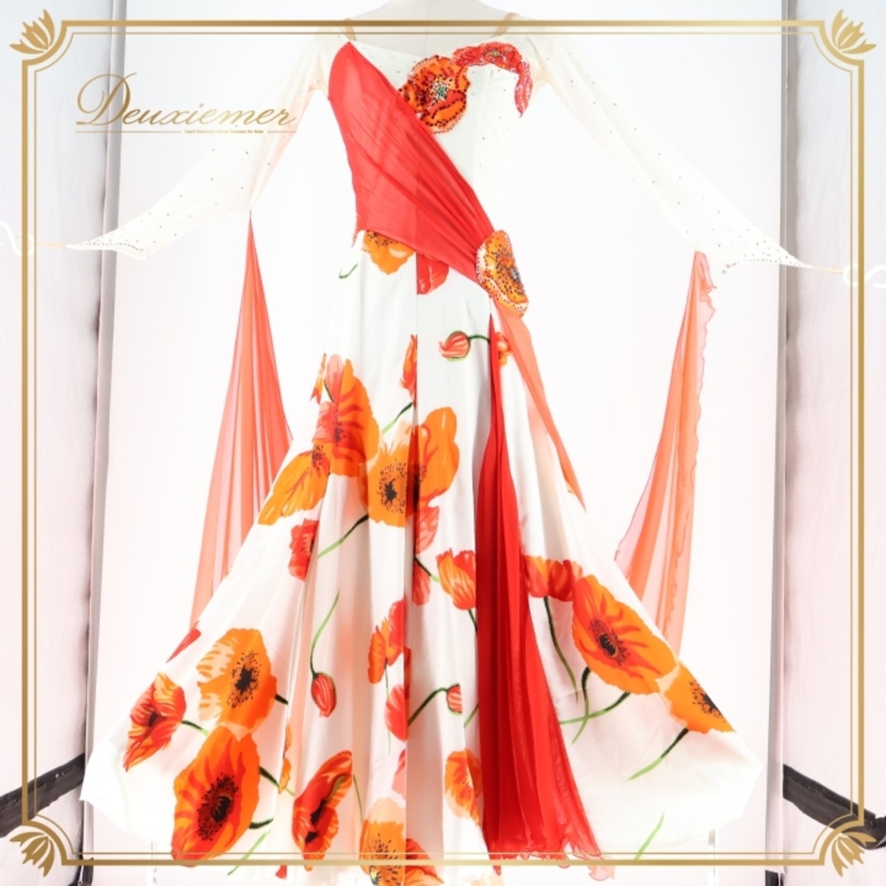 社交ダンス 衣装 スタンダードドレス ワンピース ドレス ホワイト系 オレンジ系 レッド系 ピンク系 インザムード in the MOOD 日本製 白 赤 オレンジ ピンク フロート レース 花 パーティ 発表会 華やか おしゃれ 女性用 ダンス衣装 エレガント