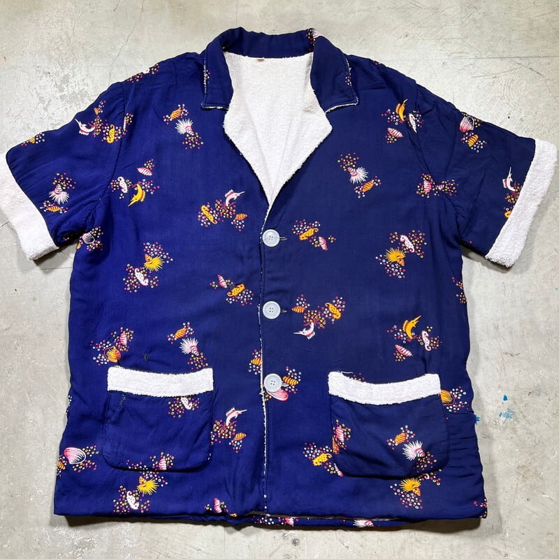 60's Unknown ビーチシャツ パイル タツノオトシゴ 貝 カジキ柄 ネイビー コットンレーヨン MADE IN MIAMI Lサイズ 大き目 希少 ヴィンテージ BA-1960 RM2379H