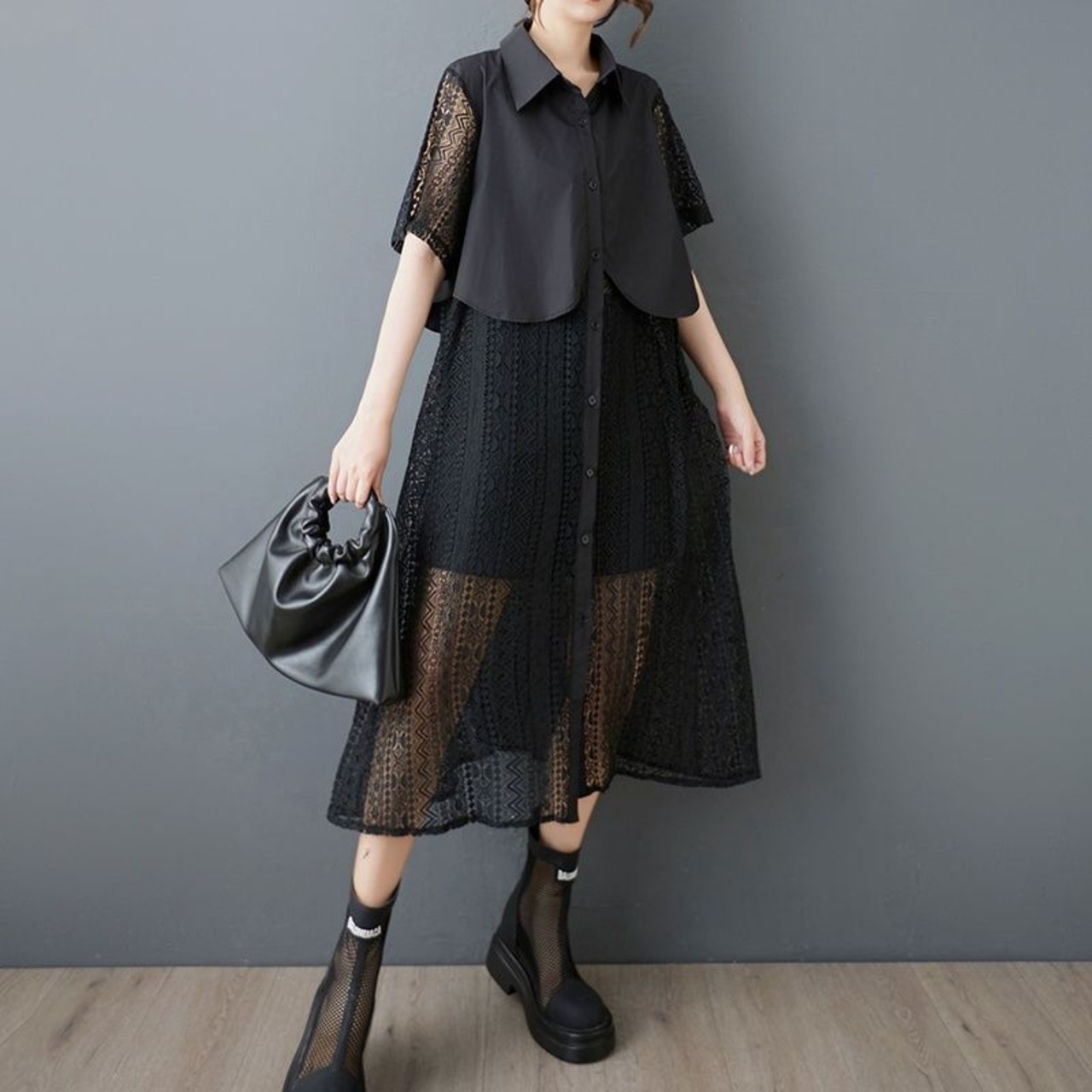 レイヤード風 シースルー シャツワンピース 30159