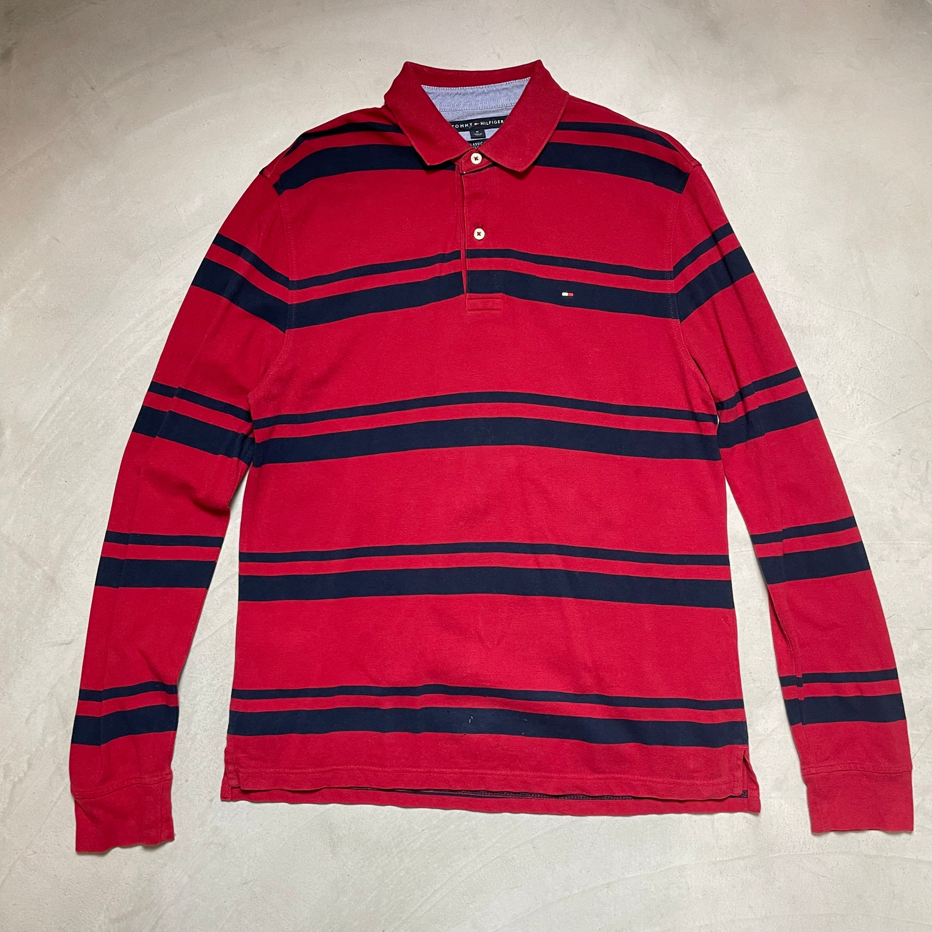 トミーヒルフィガー ワンポイント刺繍 ボーダー 鹿の子 長袖ポロシャツ メンズM 古着 レッド×ブラック TOMMY HILFIGER【ポロシャツ・ラガーシャツ】 | pine0kid powered by BASE