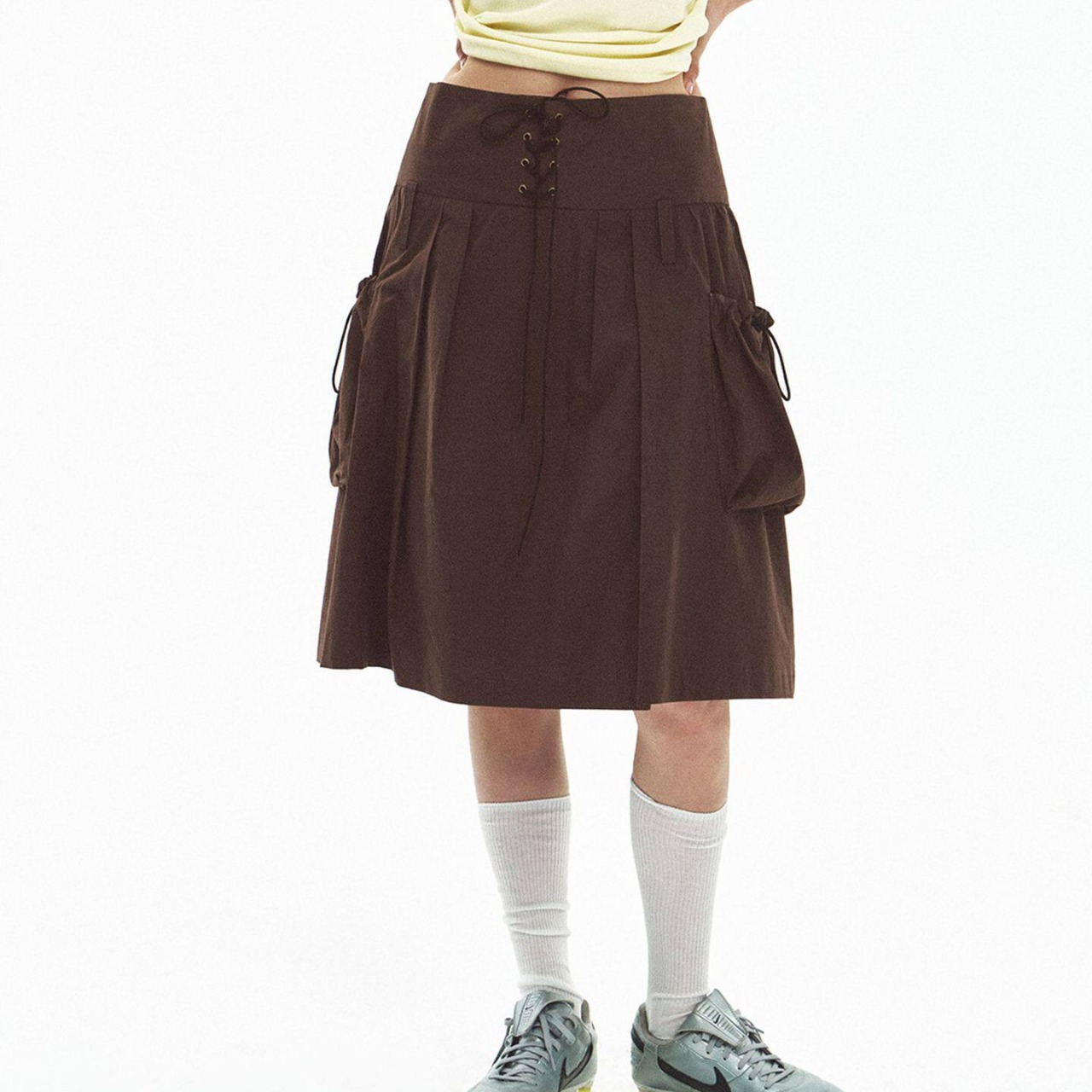 Lace-up Midi Gathered Flared Skirt 【3color】 T4481