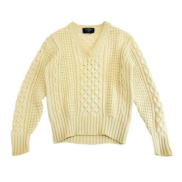 古着 FASHIONED BY JUN ジュン Vネック ケーブル ニットセーター クリーニング済み クリーム色 レディース Mサイズ