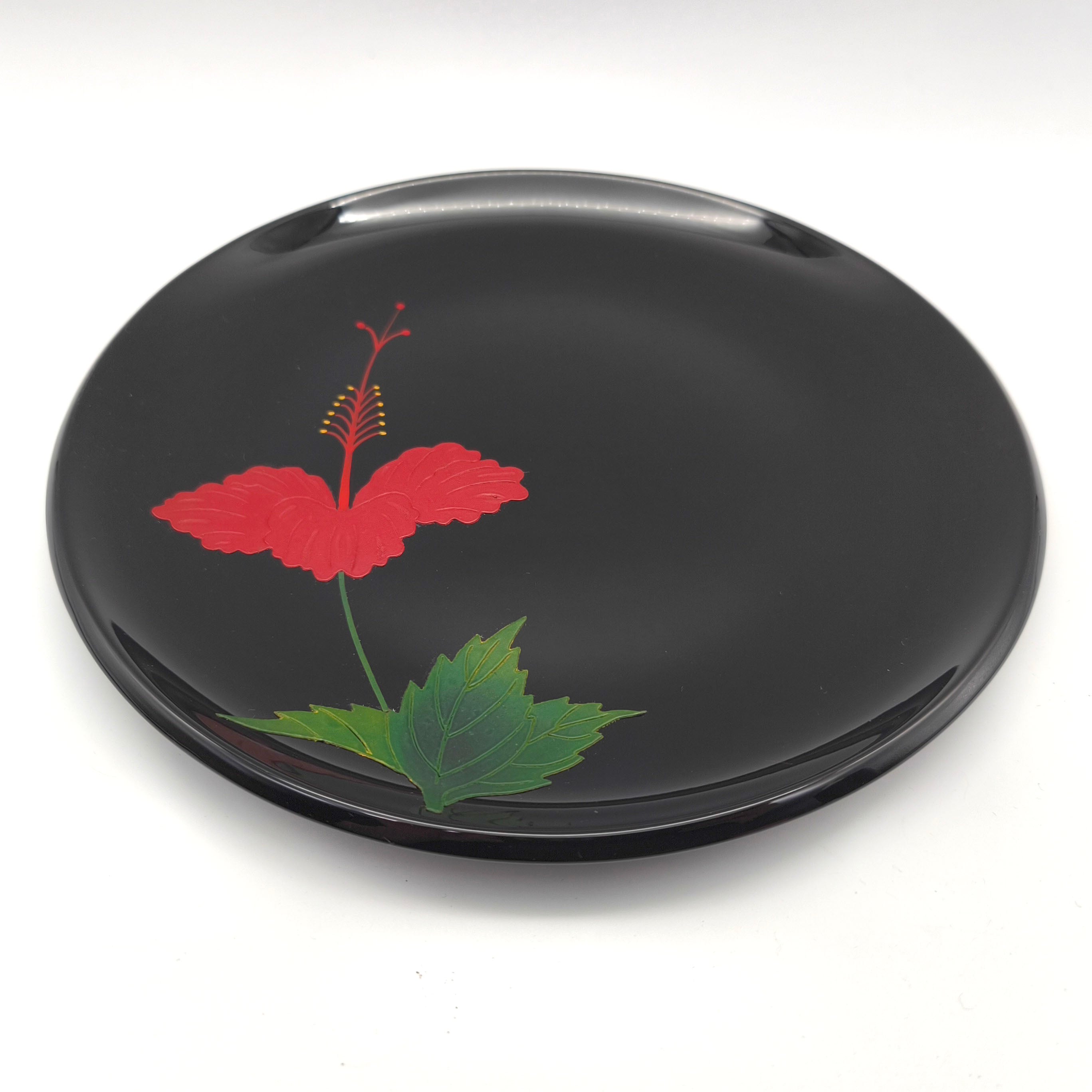 琉球うるし工芸・7寸皿・ハイビスカス・黒塗・琉球漆器・No.260916-44