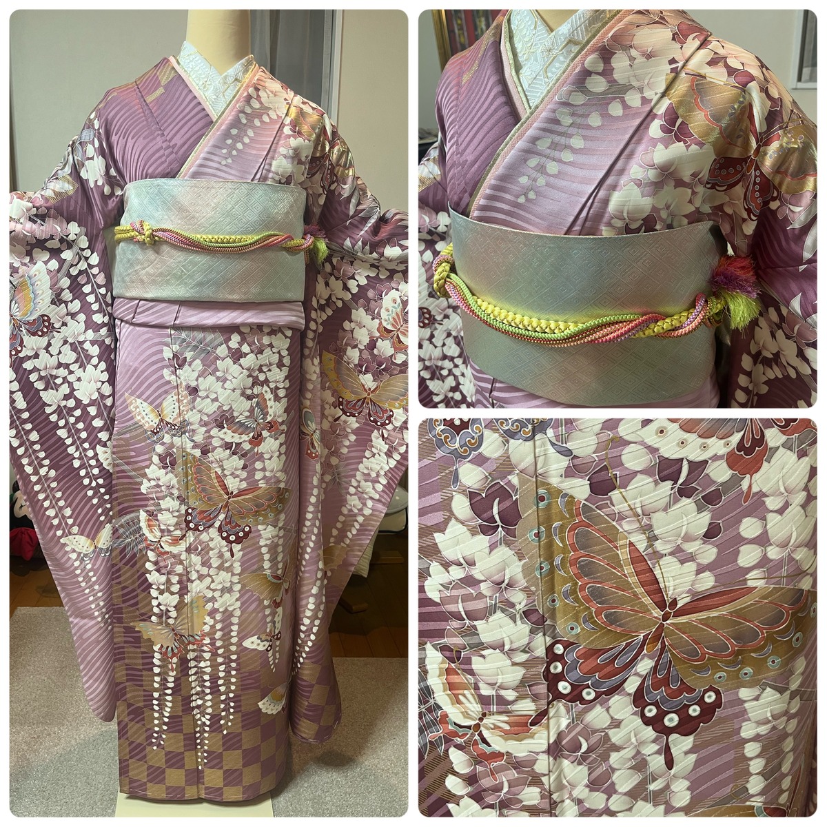 美しい振袖 ピンクと水色のグラデーション 長襦袢 佐賀錦 手組み帯締め 