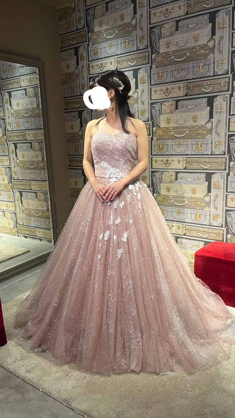 カラードレス ベアトップ 編み上げ グリッタードレス 3D立体レース刺繍  