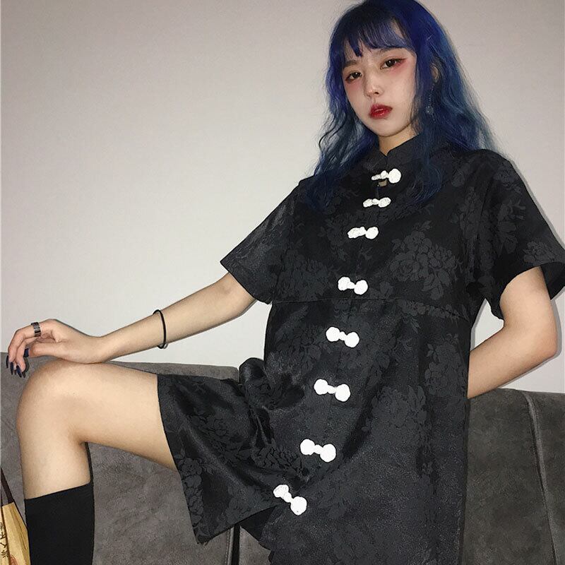 チャイナ風ワンピース 中華服 改良唐装 改良漢服 半袖 可愛い 普段着 デート 黒い ブラック S M Elegant