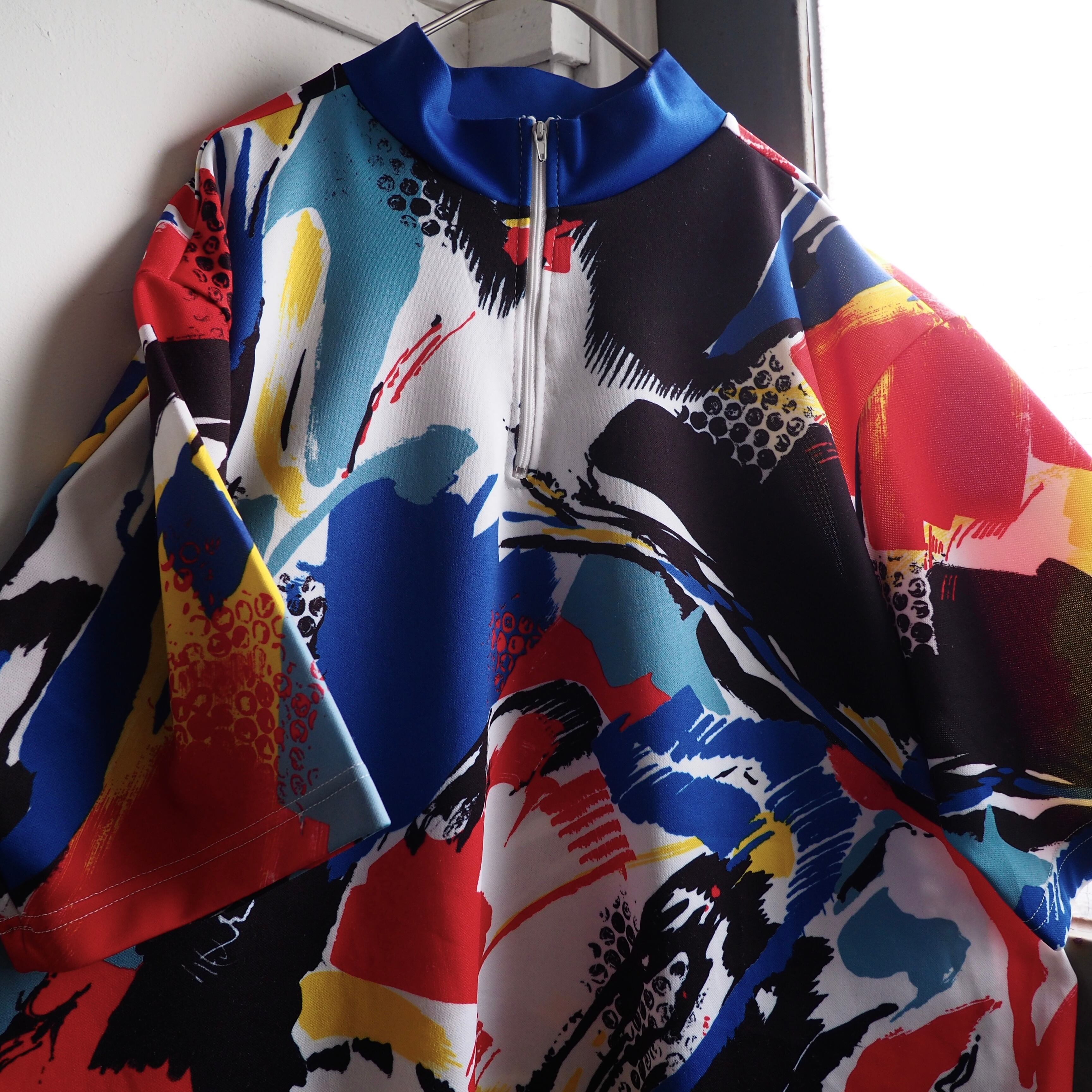 1990s Psychedelic chaos art painted vintage half zip Tee