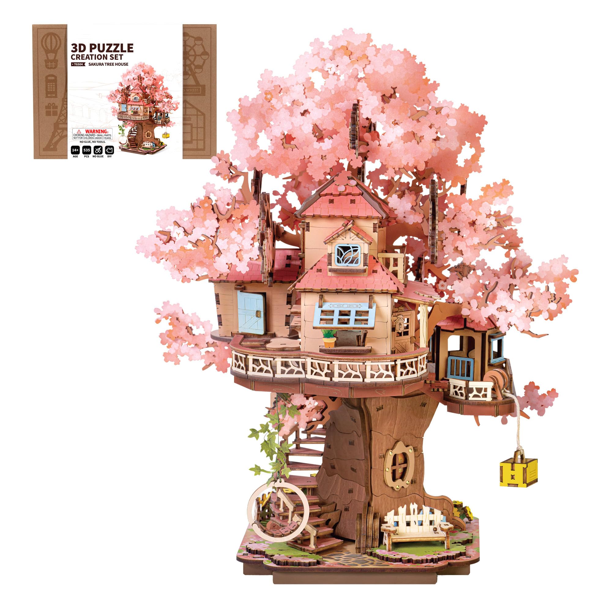 【在庫のみ】ROBOTIME 立体パズル 木製 3D ウッドパズル 桜 組み立て 工作キット DIY クラフト メカニカル モデル 和風インテリア 暇つぶし 知育玩具 子供 大人向けの木製モデル 誕生日 クリスマスプレゼント(桜のツリーハウス)